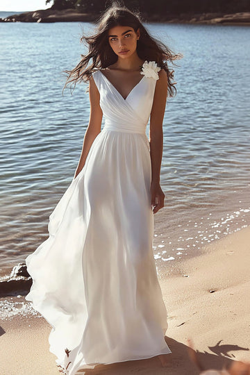 A Line V-Neck Sleeveless White Engagement Dress